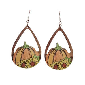 Pumpkins & Sunflowers Thanksgiving Fall Boho Women's Wood Dangle Earrings